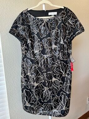 Tahari Arthur S Levine black sequined gold embroidery floral sheath dress 16 NWT